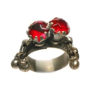 Genuine Antique Ring 18th Century Ring Byzantine Ring Renaissance Era Tatar Silver Ring Bronze Alloy Two Red Stone Bells Ring Size 11 #57613