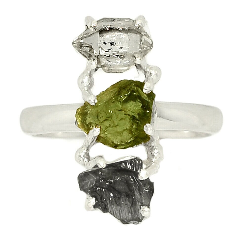Moldavite Rough,Herkimer Diamond,Shungite 925 sterling silver Handmad…