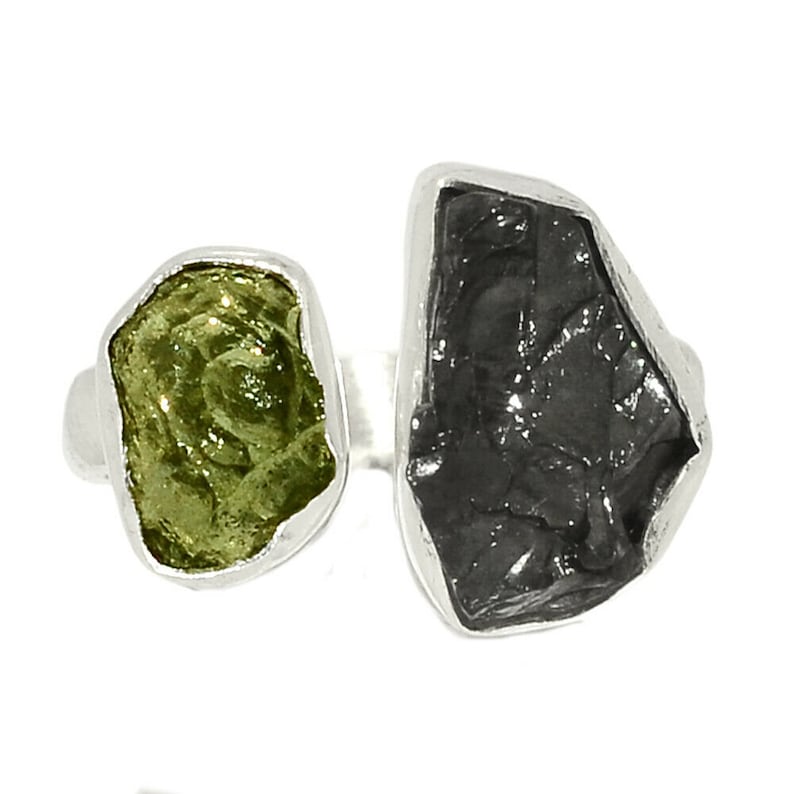 Shungite Rough Natural Gemstone 925 Solid Sterling Silver Handmade Jewelry Adjustable Ring Moldavite Rough