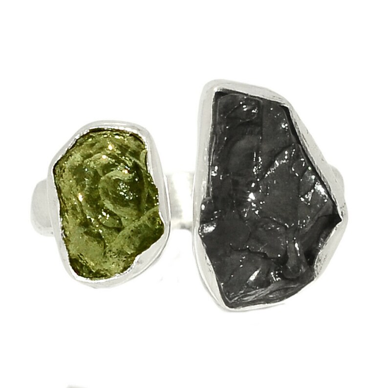 Shungite Rough Natural Gemstone 925 Solid Sterling Silver Handmade Jewelry Adjustable Ring Moldavite Rough