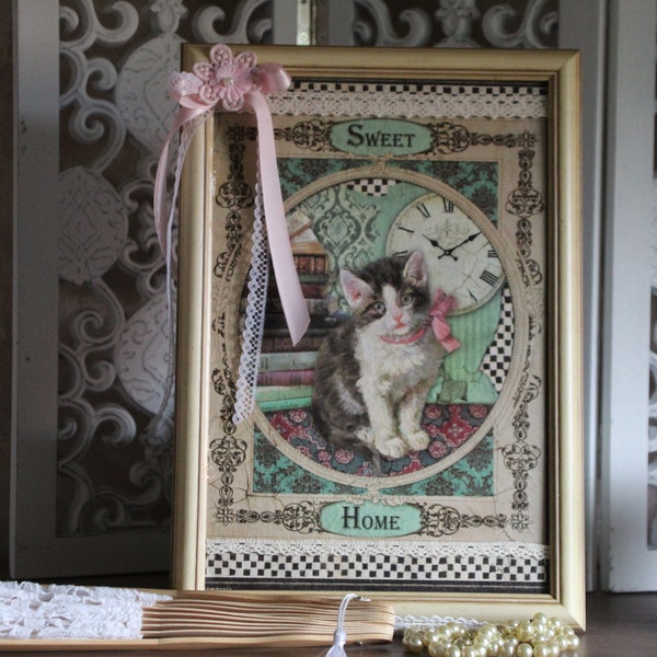 Cadre décoratif shabby chic avec petit chaton "Sweet Home"