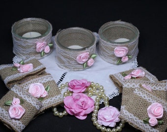 Photophores et ronds de serviettes assortis esprit campagne shabby chic