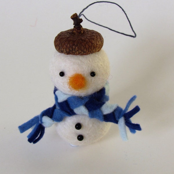 Acorn hat wool felt snowman with dark blue scarf / Christmas tree ornament / decoration / gift