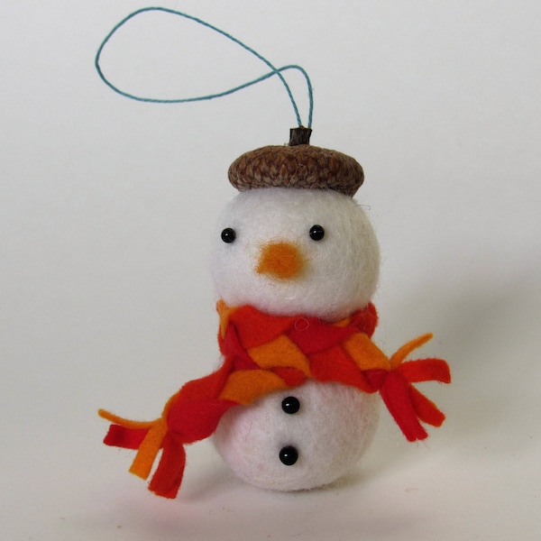 Acorn hat wool felt snowman with red scarf / handmade wool Christmas tree ornament / decoration / gift