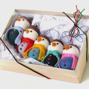 Wool Felt Snowman Ornament Set: Acorn Hats, Handmade Christmas Decor