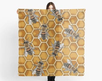 Gold Honey Bee Scarf * Honeycomb Bee Scarf * Queen Bee Scarf * Honeycomb Gift * Beehive Shawl * Bumble Bee * Manchester Bee * Insect Fabric