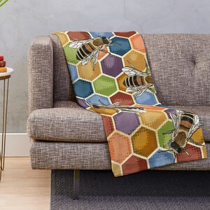 Rainbow Throw Honey Bee Blanket * Beehive Illustrations * Rainbow Colourful Soft Fleecy Throw Blanket * Manchester Worker Bee Blanket