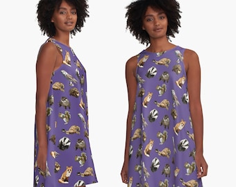 Purple Wildlife Dress * Woodland Animal Floaty A-Line Dress with Badger, Fox, Hare, Otter, Barn Owl, Squirrel, Hedgehog