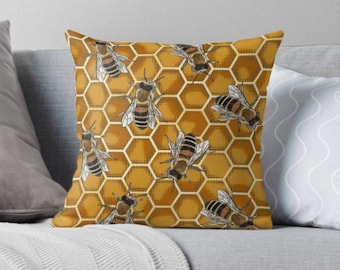 Honey Bee Cushion * Beehive Honeycomb Throw Pillow * Beekeeper * Manchester Bee Lover Gift * Honeybee Bumblebee Bees * Gold Hexagon Pattern