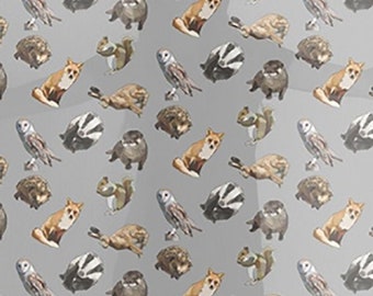 Grey Woodland Animals Scarf * 140cm Large Square silky hand feel * Featuring Barn Owls, Badgers, Otters, Hedgehogs, Squirrels, Foxes & Hares