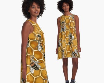 Gold Honeybee Dress * Bee Dress * Gold Dress Women * Insect Print Dress * Yellow Dress Woman * Save the Bees Dress * Ochre dress