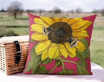 Sunflower Cushion, Sunflower with Bees, Vibrant Cushion, Autumn, Fall, by BeeFoxTree
