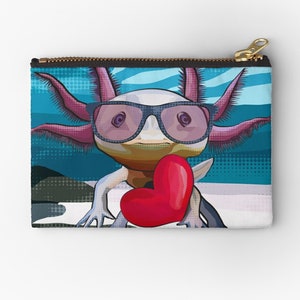 Axolotl Pouch Axolotl Zipper Bag Axolotl in glasses holding a heart by BeeFoxTree With glasses + heart