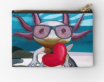 Axolotl Pouch | Axolotl Zipper Bag | Axolotl in glasses holding a heart by BeeFoxTree