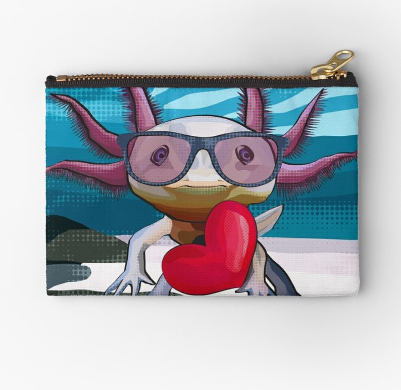 Axolotl Pouch Axolotl Zipper Bag Axolotl in glasses holding a heart by BeeFoxTree With glasses + heart