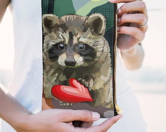 Raccoon Heart Zipper Bag | Raccoon Cub Storage Bag | Cute Raccoon Zip Bag