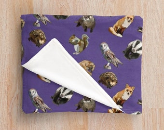 Woodland Animals blanket, Soft Fleecy Throw Blanket - Purple * Fox, Owl, Badger, Hedgehog, Squirrel, Otter, Hare