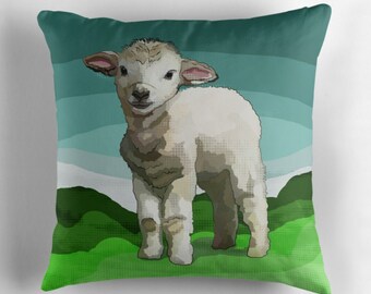 Spring Lamb Cushion Cover * Easter Decor Throw Pillow  * Green Blue Double Sided Scatter Cushion * BeeFoxTree Illustration