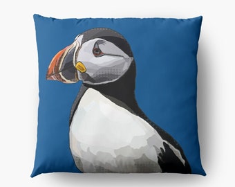 Puffin Cushion | Puffin Island | Deep Blue Puffin by BeeFoxTree | Puffin Pillow
