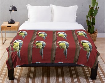 Soft Fleecy Blue Tit Throw Blanket - Blue or Red - Large Blue Tit Illustration Printed Fleece Blanket