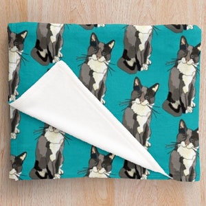 Grey Tuxedo Cat Blanket Soft Fleecy Cat Illustration Throw Blanket in Ochre image 2