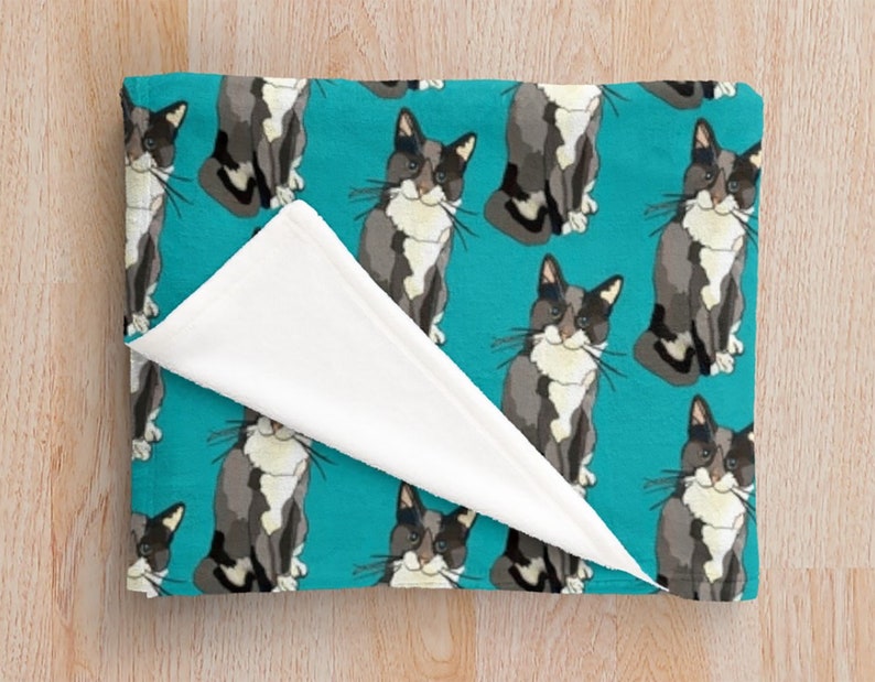 Grey Tuxedo Cat Blanket Soft Fleecy Cat Illustration Throw Blanket in Ochre image 2