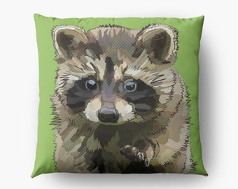 Raccoon Cushion * Green Baby Animal Scatter Pillow * American Wildlife * Garden Style * Woodland Creatures * Pop Art Illustrations