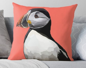 Puffin Cushion | Puffin Island | Coral Puffin by BeeFoxTree | Coral Puffin Pillow