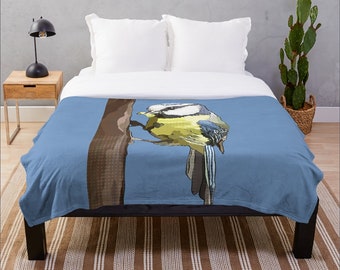 Blue Tit Throw Blanket - Fleece blanket with Large Blue Tit Illustration and white reverse