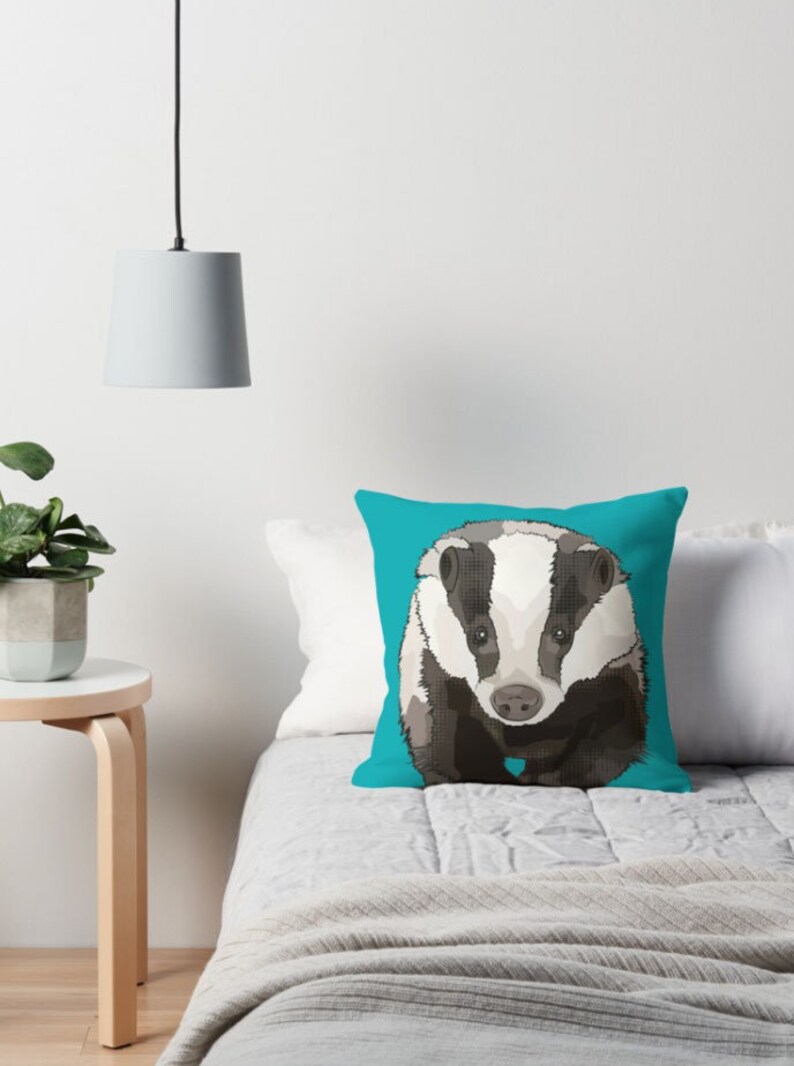 Badger Cushion Teal Badger Pattern Teal Cushion Teal Badger Print Woodland Animal Art image 9