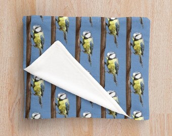 Soft Fleecy Blue Tit Throw Blanket - Blue or Red - Small Blue Tit Illustration Printed Fleece Blanket