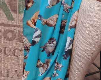 Woodland Animals Scarf * Otter Badger Hare Owl Squirrel Fox * Silky Nature Fabric * Large Square Wrap * Birthday * Ladies