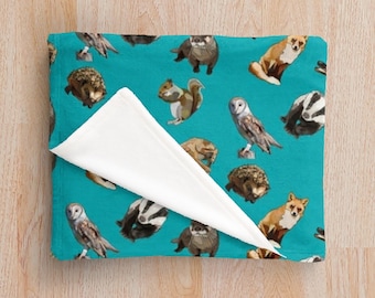 Woodland Animals blanket, Teal Fleecy Throw Blanket * Fox, Owl, Badger, Hedgehog, Squirrel, Otter, Hare