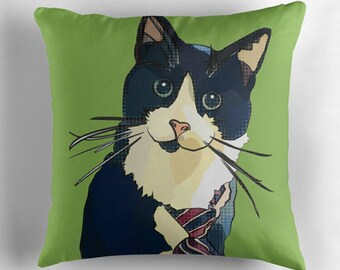 Tuxedo Cat Cushion Cover * Green Cat Decor * Filled Cushion Cover * Cat Lover Gift