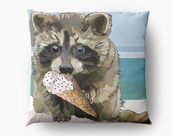 Baby Raccoon Eating Ice-cream at the Beach Cushion Cover * Summer Cushion * Ice Cream Sunny Decor