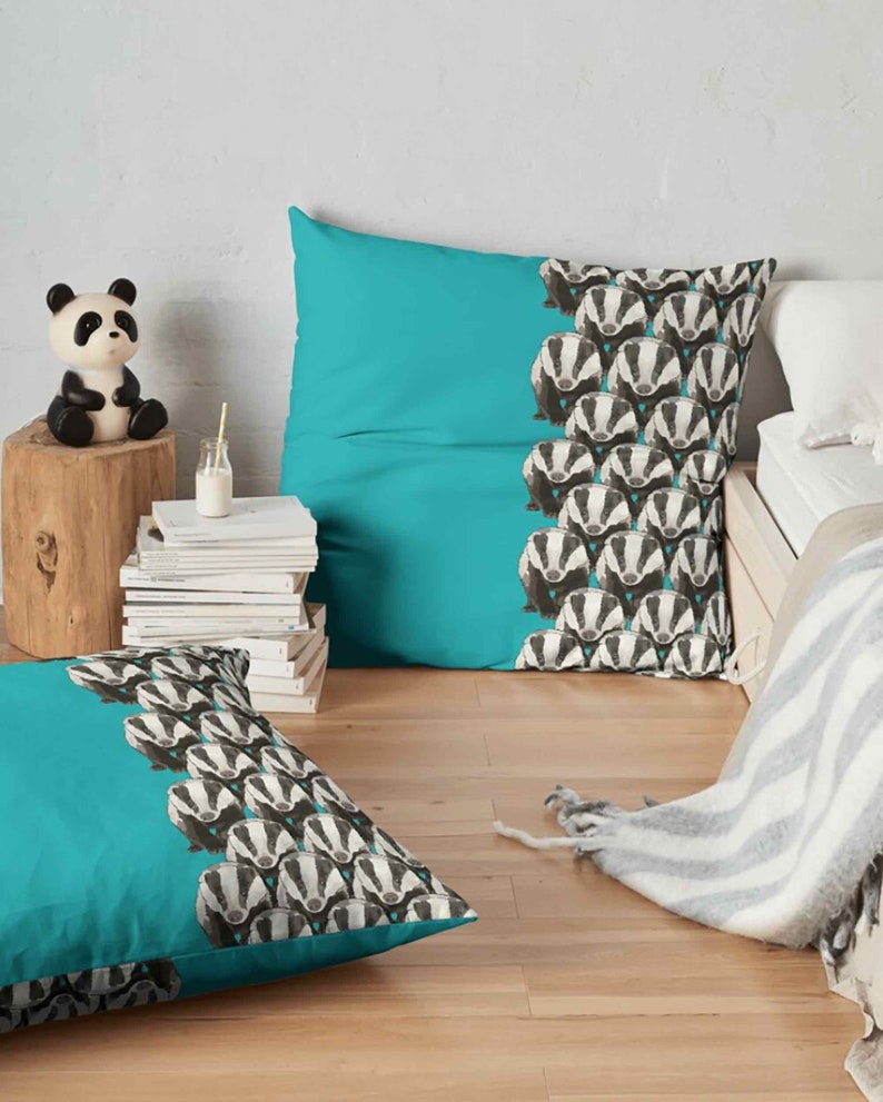 Badger Cushion Teal Badger Pattern Teal Cushion Teal Badger Print Woodland Animal Art image 6