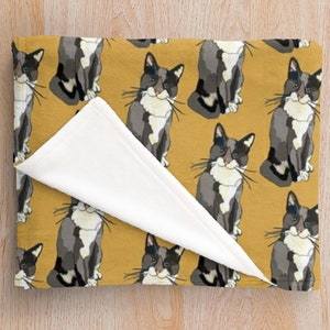 Grey Tuxedo Cat Blanket Soft Fleecy Cat Illustration Throw Blanket in Ochre image 1