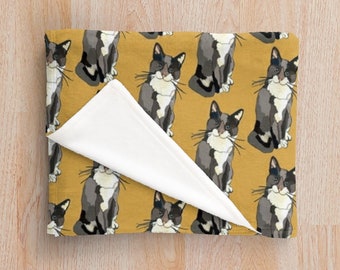 Grey Tuxedo Cat Blanket * Soft Fleecy Cat Illustration Throw Blanket in Ochre