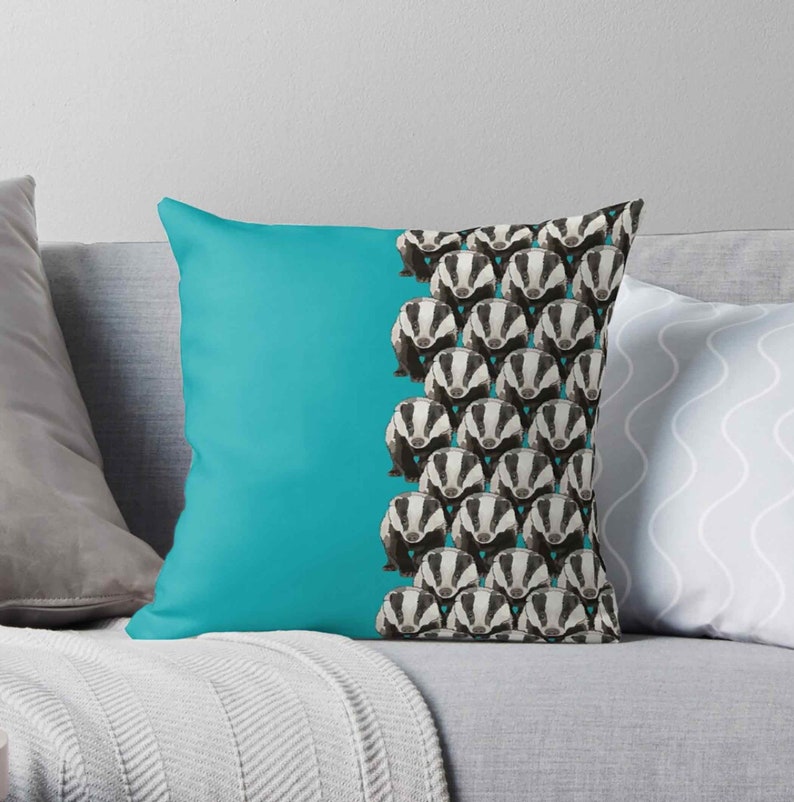 Badger Cushion Teal Badger Pattern Teal Cushion Teal Badger Print Woodland Animal Art image 2