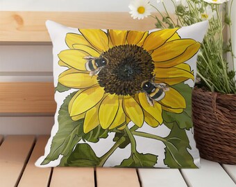 Sunflower Cushion, Sunflower with Bees, Vibrant Cushion, Autumn, Fall, by BeeFoxTree