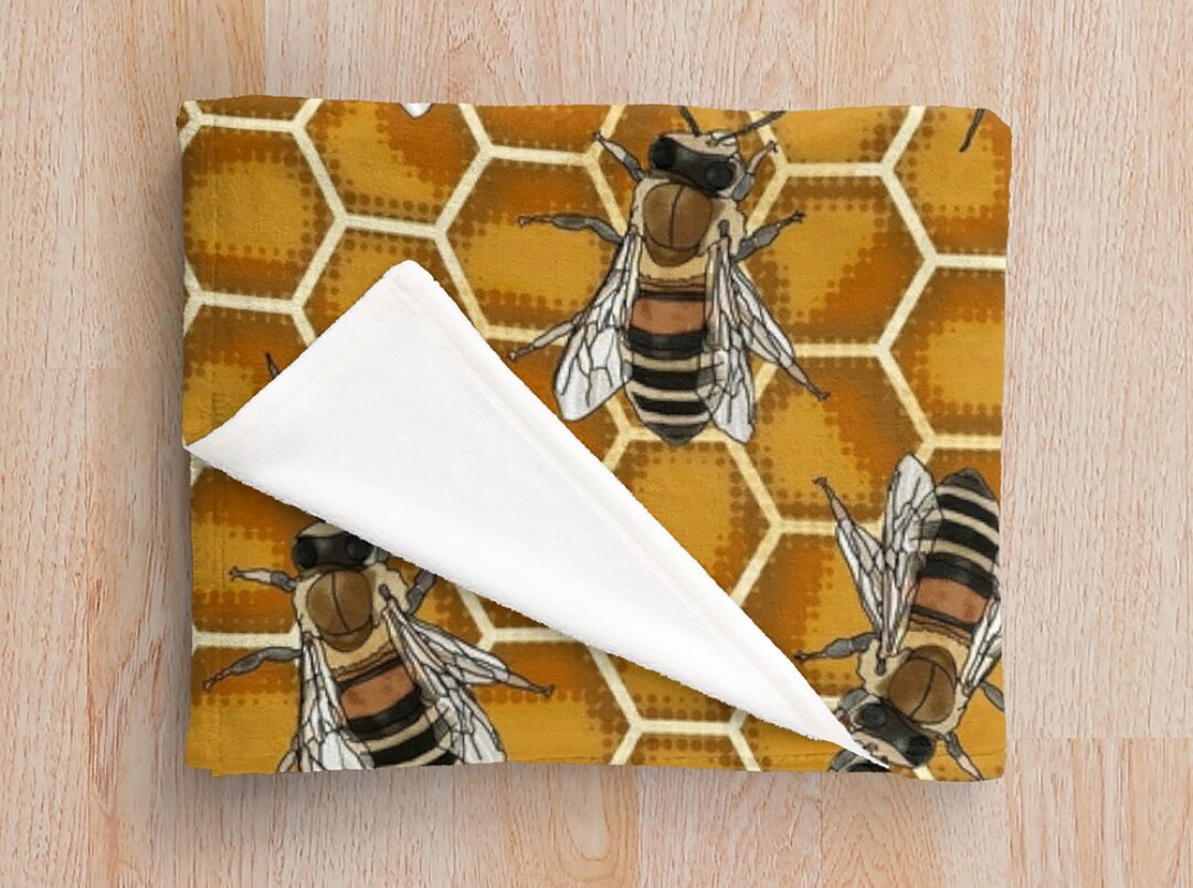 Ochre Honey Bee Blanket * Beehive Illustrations * Gold Soft Fleecy ...