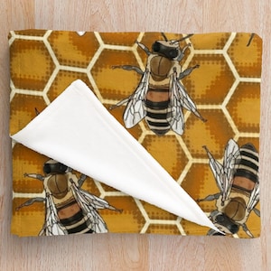 Ochre Honey Bee Blanket * Beehive Illustrations * Gold Soft Fleecy Throw Blanket * Mustard Manchester Worker Bee Blanket