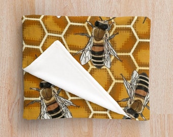 Ochre Honey Bee Blanket * Beehive Illustrations * Gold Soft Fleecy Throw Blanket * Mustard Manchester Worker Bee Blanket