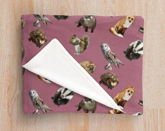 Pink Blanket with Woodland Animals * Soft Fleecy Throw Blanket - Chalky Pink * Fox, Owl, Badger, Hedgehog, Squirrel, Otter, Hare