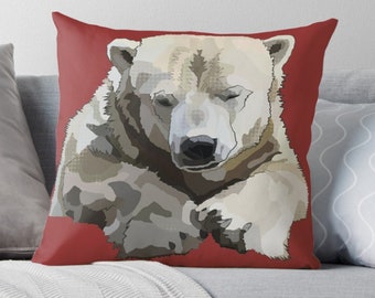 Red Cushion Polar Bear * Endangered Animal Pillow * Customizable Cushion Covers * Colourful Home Decor Pop Art White Bear Decorative Pillow