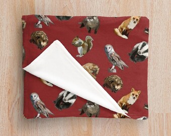 Red Blanket with Woodland Animals * Wildlife Illustrations Soft Fleecy Throw Blanket * Fox, Owl, Badger, Hedgehog, Squirrel, Otter, Hare