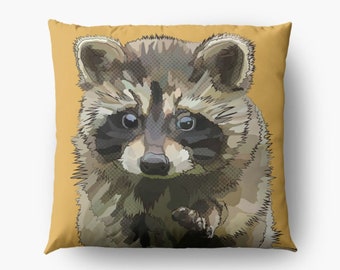 Raccoon Cushion * Cute Baby Animals Pillow * Raccoon Cub * Racoon Mustard Throw Pillow Pet * Forest Animal Print * Raccoon Cuddle Cushion