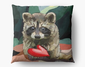 Raccoon Gifts | Raccoon Cushion | Raccoon Pillow | Raccoon with Heart Cushion Cover | Raccoon Love
