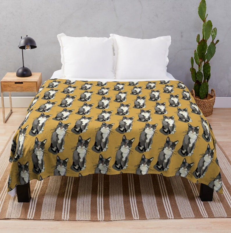 Grey Tuxedo Cat Blanket Soft Fleecy Cat Illustration Throw Blanket in Ochre image 10