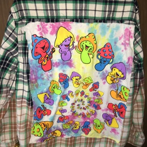 Distressed Up-Cycled Tie Dye Dancing Mushroom Flannel